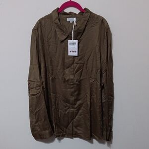 Olive Button-Up Long-Sleeve Shirt 27"-28" Inches Ptp 100% Rayon